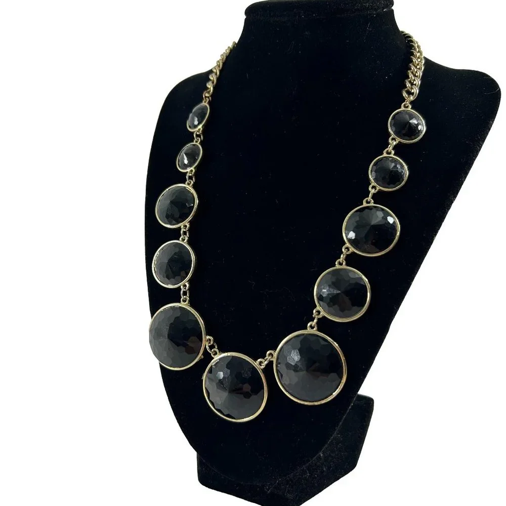 Gold Tone Necklace Black Bubble Faceted Graduated Beads 19-22